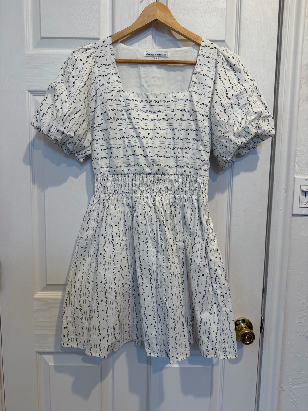 English Factory White Dress with Navy Floral Stripe